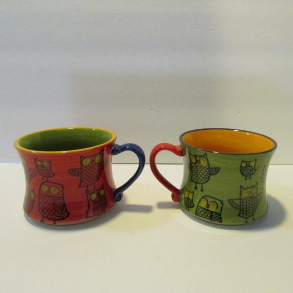 set of 4 stacking colorful owl mugs Pier 1 coffee cups - Picture 3 of 9